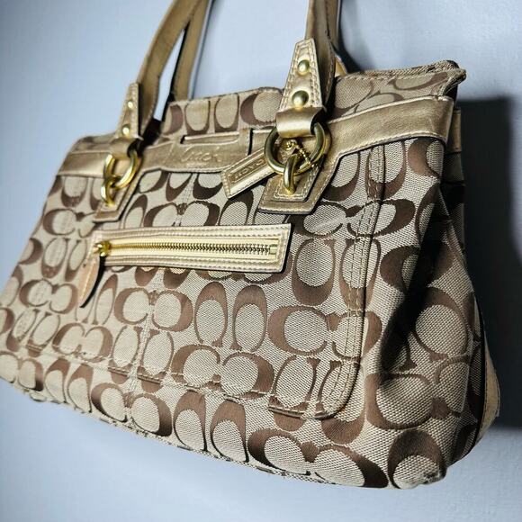 COACH Women's Brown Penelope Signature Leather Duffle Hobo Shoulder Handbag - Picture 1 of 11